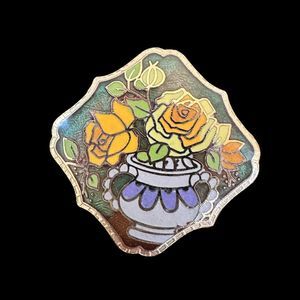 Vintage Chinese Cloisonné Brooch Floral Motif Multicolor Enamel Gold Tone Pin